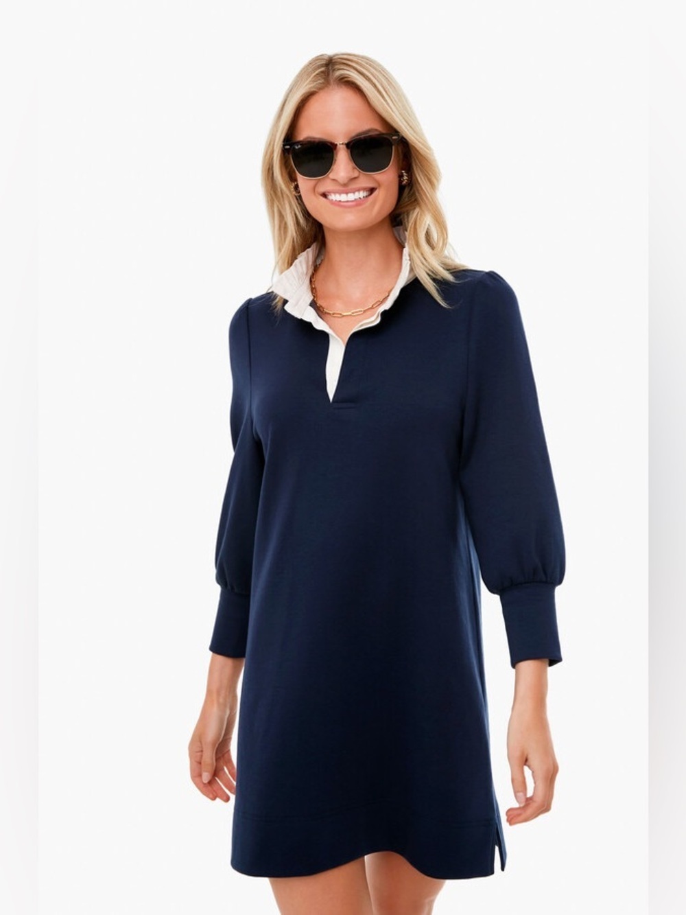 Pomander Place Charlotte Terry Dress | Navy & Cream Ruffle Collar Shift Dress Sm